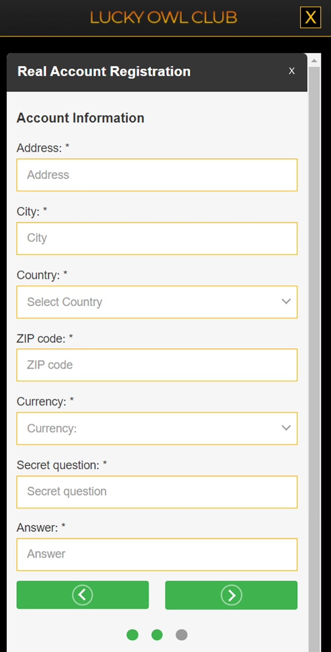 Fill out the address information on the Lucky Owl registration form.