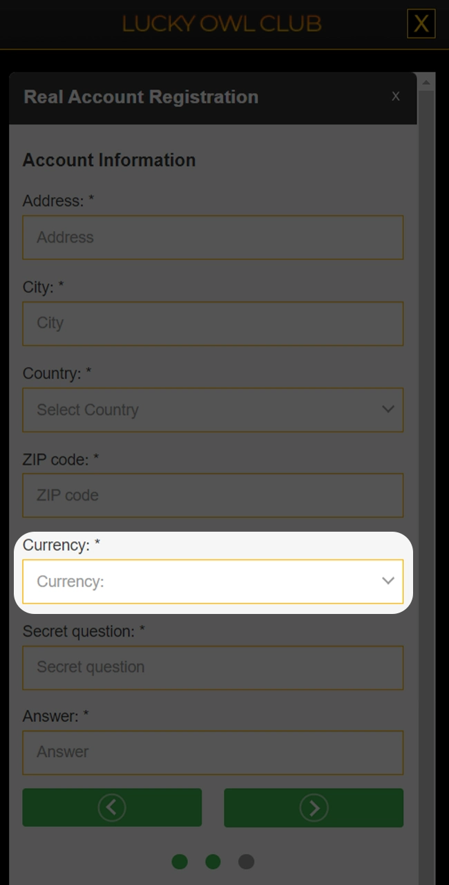 Select a currency from the list on the Lucky Owl registration form.